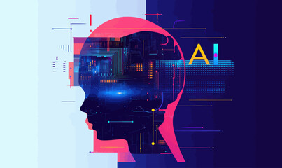 Poster - Futuristic AI Technology Banner in Digital Glitch Style with Human Silhouette