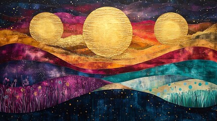 Wall Mural - Golden Celestial Bodies Gleam Softly over Vibrant Rolling Hills. AI Generated