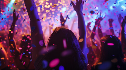 Poster - This Enthusiastic crowd dances under colorful lights as confetti falls, creating a festive atmosphere.