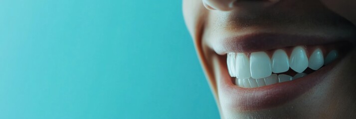 Poster - Perfectly white teeth create a bright smile against a pastel blue background during a dental check up Generative AI