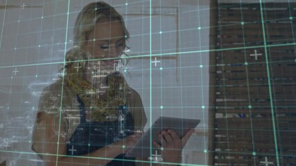 Poster - Using tablet, woman viewing digital animation with data grid in background