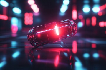 Leinwandbilder - Floating neon cyberpunk pill in a dark futuristic void with high tech lighting effects Generative AI