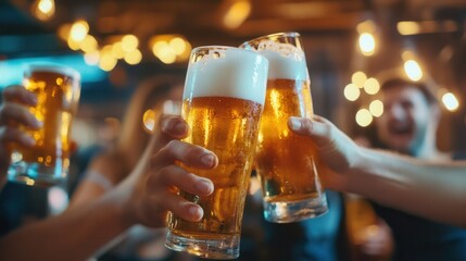 Poster - Friends celebrating with clinking glasses of beer in a lively bar setting during the evening Generative AI