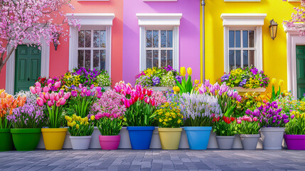 Poster - Colorful flower pots line a vibrant street filled with blooming plants in springtime