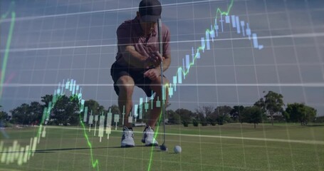 Poster - Preparing to putt, golfer focusing with financial graph animation overlay