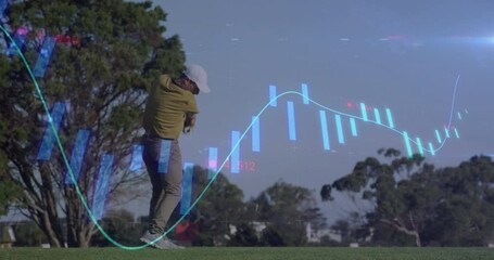 Poster - Swinging club, golfer with financial data charts overlaying animation scene