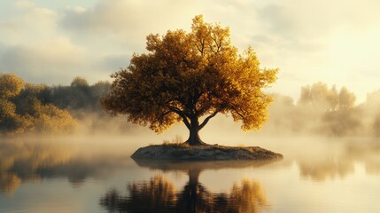 Wall Mural - lone tree on island lake