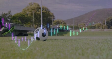 Poster - Animation of soccer player kicking ball with financial data graphs overlaying scene