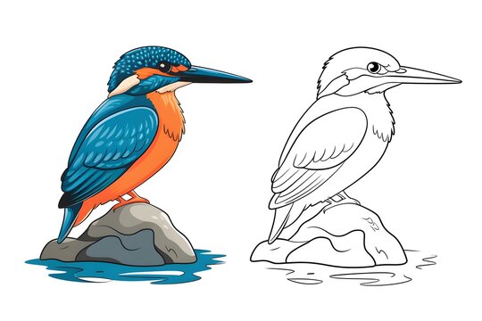 Vibrant Kingfisher Bird Illustration with Coloring Page