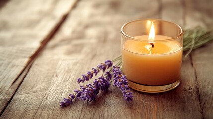 Aufkleber - Cozy still life featuring lavender and a candle on a warm wooden surface for a tranquil atmosphere Generative AI