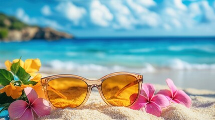 Aufkleber - Sunglasses resting on sandy beach with tropical flowers and ocean waves in the background during sunny day Generative AI
