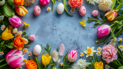 Poster - Spring floral arrangement with colorful eggs on blue background for seasonal celebration