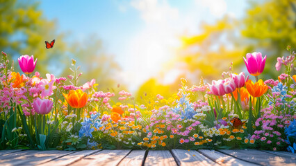 Poster - Vibrant spring garden filled with colorful flowers under bright sunlight in a tranquil outdoor setting