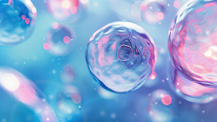 Poster - This Colorful stem cells float in a vibrant blue and pink background, showcasing their unique structures.