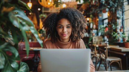 Poster - Freelancer working remotely in a cafe surrounded by greenery