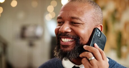 Poster - Mature, black man and talking with phone call at hotel for communication, conversation or checkin. Happy, male person or tourist with smile on mobile smartphone for online chat, accomodation or app
