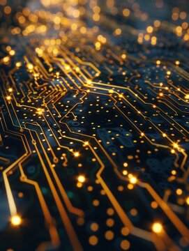 A modern circuit-inspired design showcases metallic reflections and microchip pathways illuminated by soft lighting
