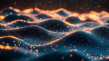 Wall Mural - Glowing Particle Waves Abstract Background Dark Blue Orange. AI Generated