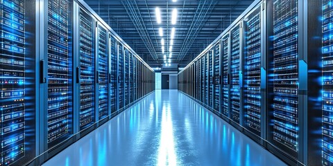 Poster - Data center corridor with high-tech servers illuminated at night in a modern facility