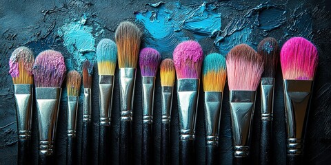 Poster - Collection of vibrant makeup brushes arranged on a colorful paint palette in an artist's studio