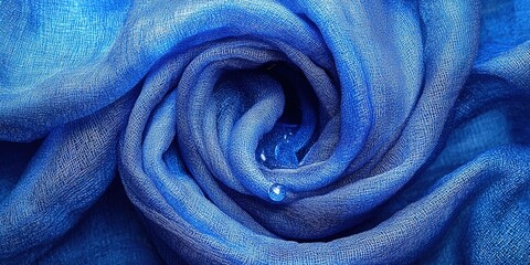 Poster - Beautiful blue fabric draped elegantly with delicate droplets reflecting light in a serene setting