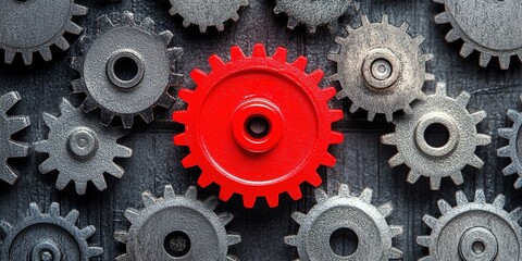 Poster - Colorful red gear stands out among gray gears in a mechanical arrangement showcasing industrial design and engineering concepts