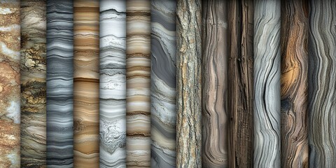 Poster - Textured surfaces display variations of gray, brown, and beige in a series of natural patterns from different materials
