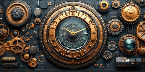 Poster - Intricate steampunk clock with gears and mechanisms showcased in a vintage design