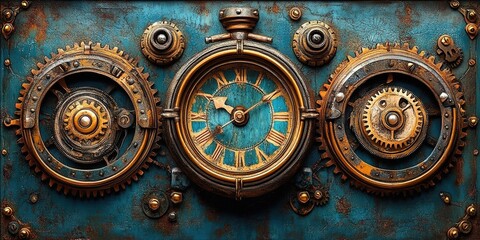 Poster - Intricate steampunk clock design featuring detailed gears and weathered metal textures in vibrant blue and copper hues