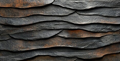 Poster - Textured slate wall featuring wavy layers with a mix of dark and rusty colors, creating an artistic backdrop for modern spaces