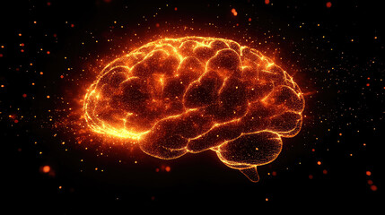 Poster - glowing brain surrounded by particles symbolizes advanced technology and intelligence. banner,copy space