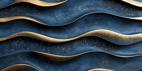 Poster - Swirling wave patterns with gold accents create elegant texture on a deep blue surface in contemporary interior design