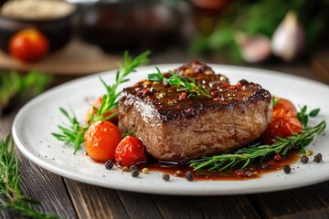 Aufkleber - Savory grilled steak with fresh tomatoes and herbs arranged on a wooden table Generative AI