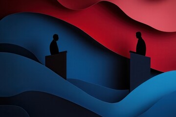 Poster - Engaging political debate captured through vibrant paper art with layered silhouettes and dynamic background Generative AI