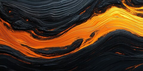 Poster - Vibrant orange and black abstract painting with flowing textures and dynamic movement