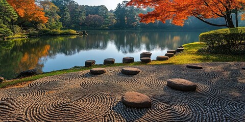 Poster - Serenity at a Japanese Garden with Stone Paths and Autumn Foliage Reflected in Tranquil Water