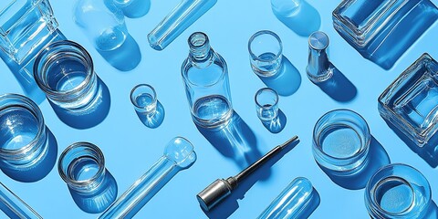 Poster - Glassware collection showcasing various shapes and sizes on a blue background at afternoon light