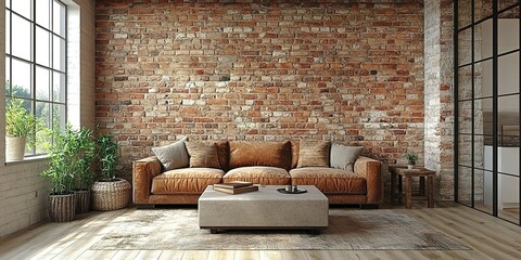 Poster - Cozy living room with rustic brick wall, brown leather sofa, and stylish wooden accents