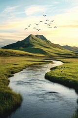 Wall Mural - river runs through lush green field