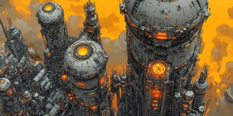 Poster - Futuristic industrial cityscape at sunset with glowing skyscrapers and intricate structures