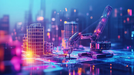 Poster - Global scientists engineers, collaborating in a high-tech laboratory,robotic arms assemble intricate components under AI supervision, surrounded by glowing data interfaces futuristic reflections.