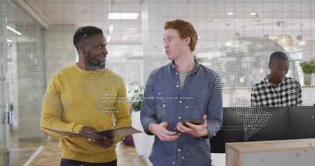Poster - two men discussing data processing animation over world map in modern office
