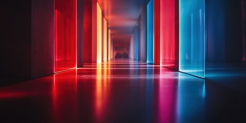 Poster - Colorful light reflections create an enchanting corridor in a modern architectural space at dusk