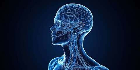 Poster - Detailed digital representation of the human anatomy highlighting brain and neural structures