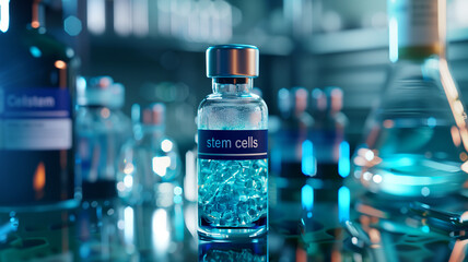 Poster - This glass vial marked stem cells shines prominently in blue light among lab equipment.