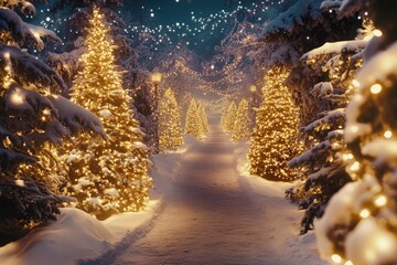 Wall Mural - snowy path lined with trees covered in snow