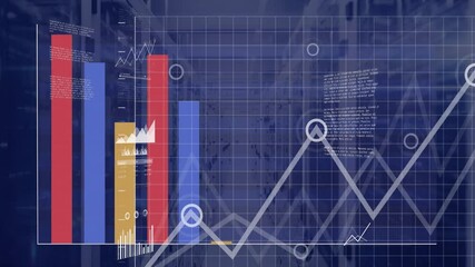 Poster - Bar graph and data analysis animation over server room background