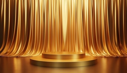 Poster - Luxurious Golden Podiums With Sparkling Curtains: Ideal Setting For High-End Product Showcases And Award Presentations. Perfect Backdrop For Exclusive Events.