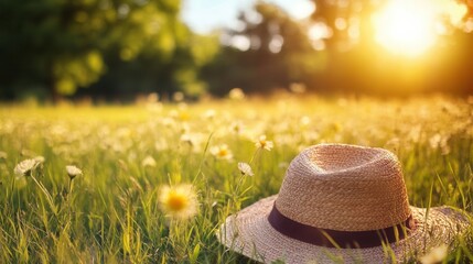 Poster - Sunset light shines on a straw hat resting on a field of wildflowers during golden hour in the countryside Generative AI