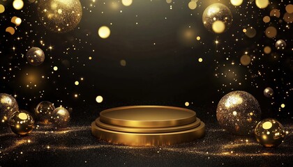 Poster - Luxurious Gold Podium And Elegant Ball Elements In A Dark Scene With Glitter Light Effects, Bokeh, And Realistic Decorations.